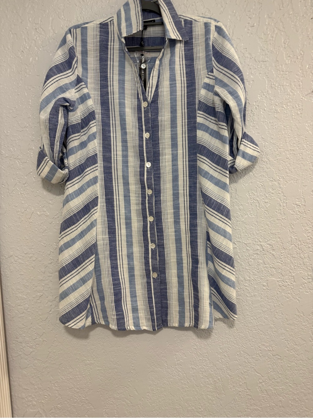 Women's Blue and White Striped Button-Up Blouse